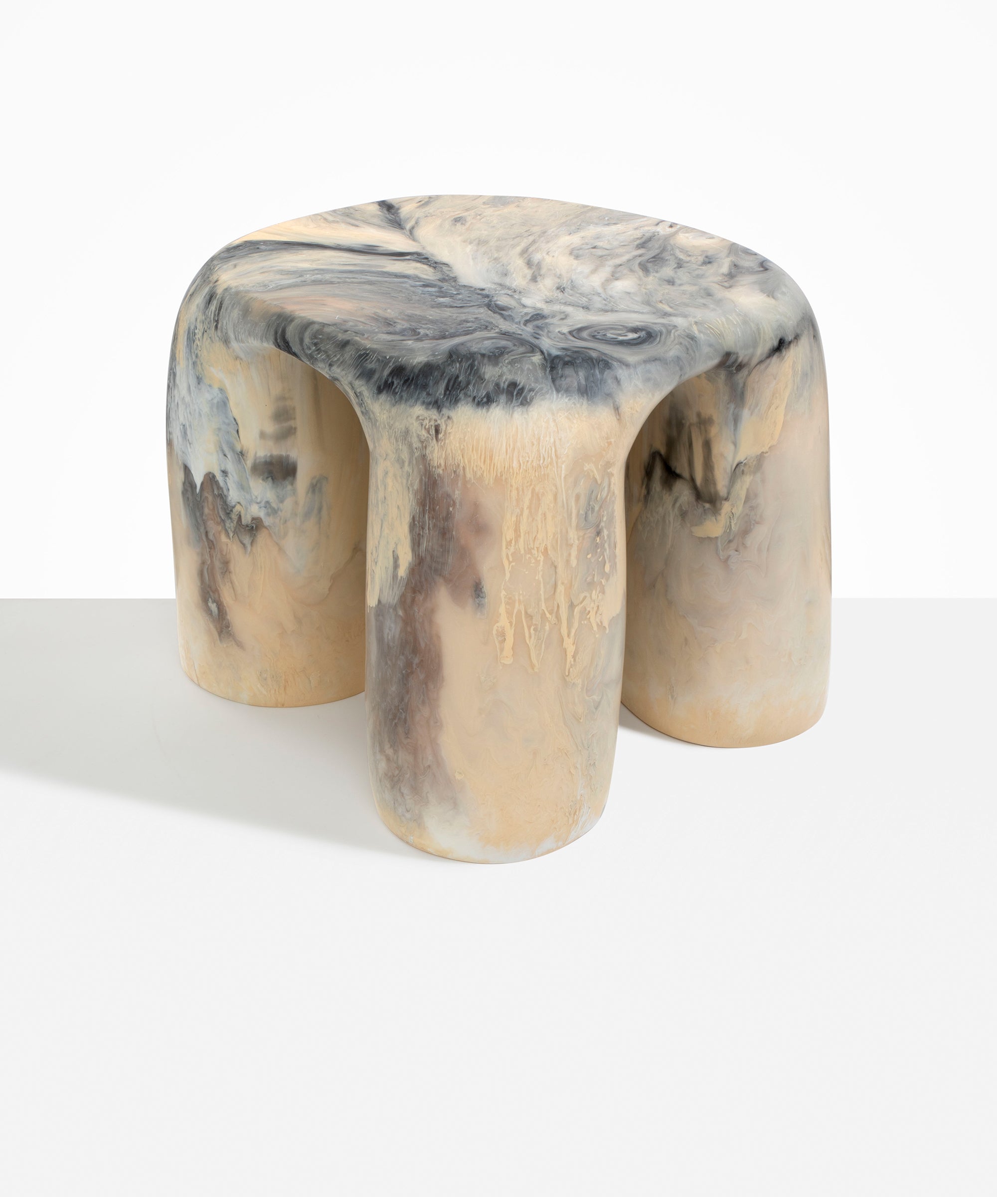 Dinosaur Designs 4-Leg Rock Tower Table in Sandy Pearl — handcrafted marbled beige, grey and pearlescent side table with square top and four chunky rounded legs