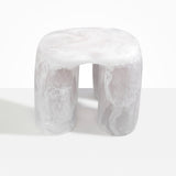 Dinosaur Designs 4-Leg Rock Tower Table in Snow Swirl — handcrafted marbled white and clear resin side table with square top and four chunky rounded legs