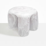 Dinosaur Designs 4-Leg Rock Tower Table in Snow Swirl — handcrafted marbled white and clear resin side table with square top and four chunky rounded legs