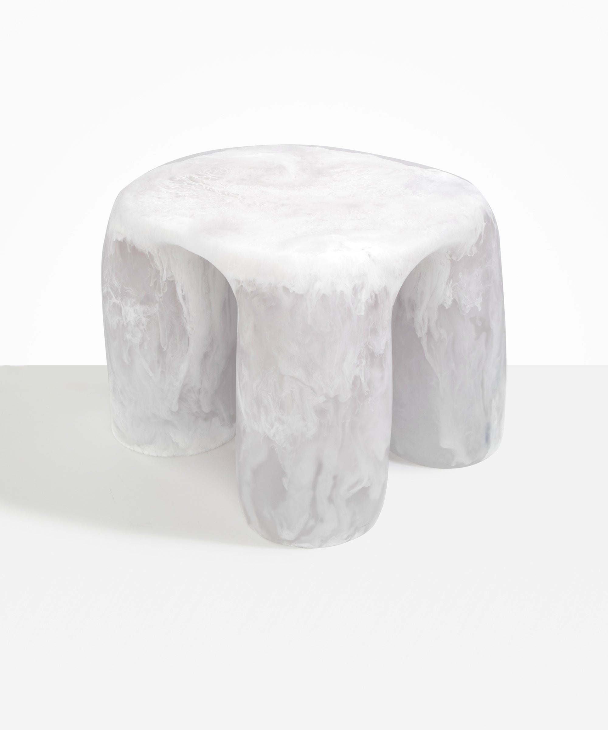 Dinosaur Designs 4-Leg Rock Tower Table in Snow Swirl — handcrafted marbled white and clear resin side table with square top and four chunky rounded legs