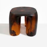 Dinosaur Designs 4-Leg Rock Tower Table in Tortoise — handcrafted marbled amber and black resin side table with square top and four chunky rounded legs