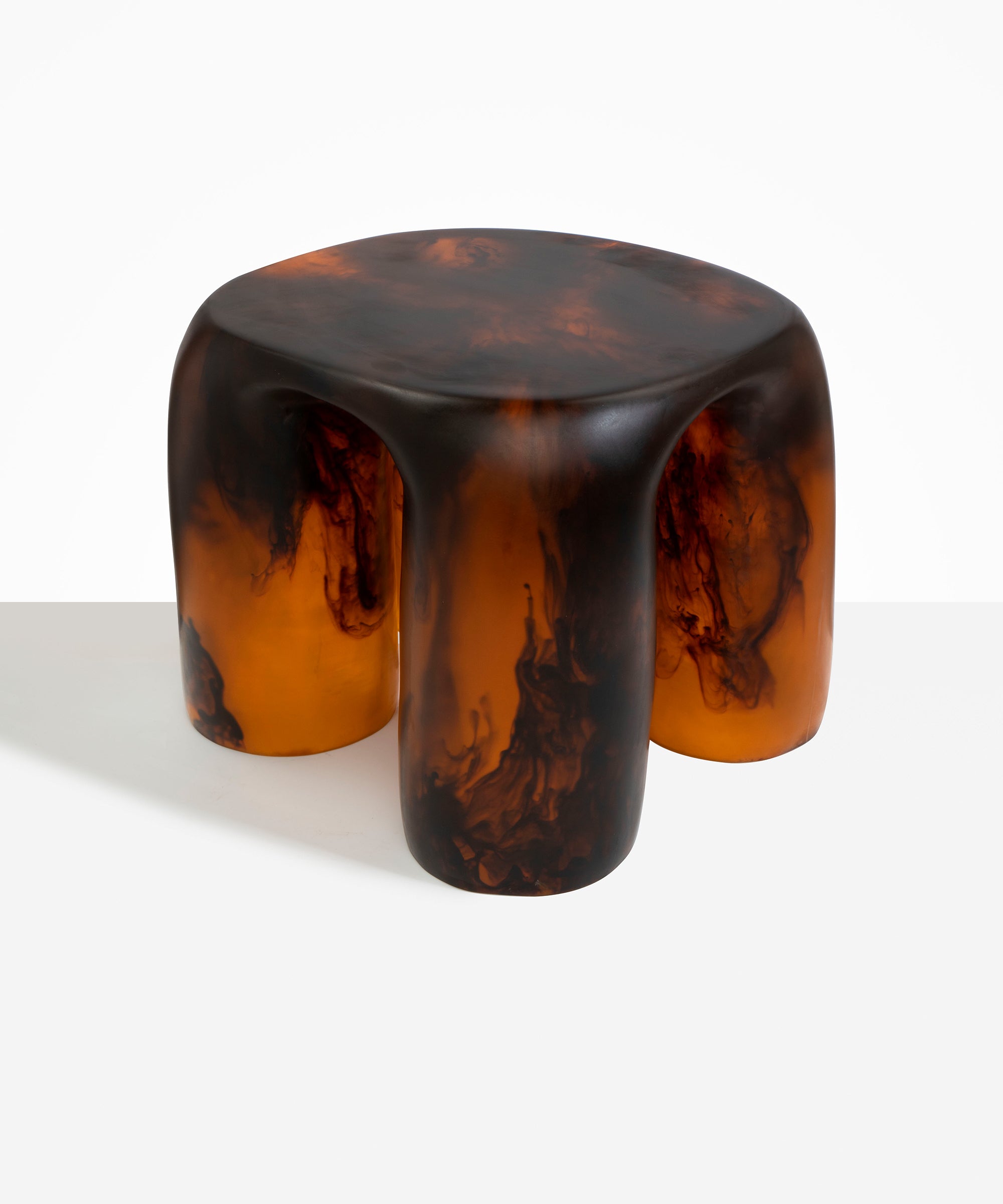 Dinosaur Designs 4-Leg Rock Tower Table in Tortoise — handcrafted marbled amber and black resin side table with square top and four chunky rounded legs