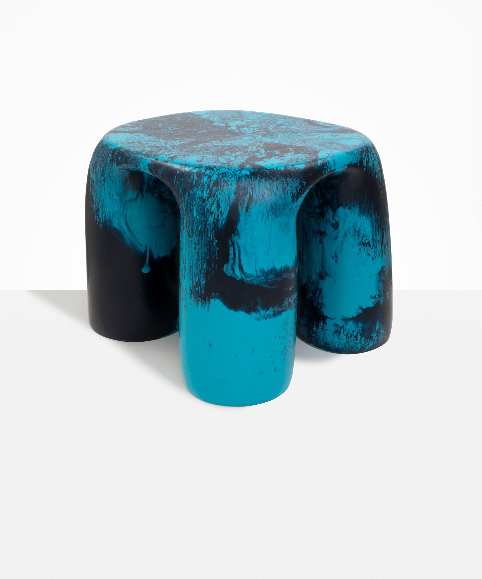 Dinosaur Designs 4-Leg Rock Tower Table in Turquoise — handcrafted marbled teal blue resin side table with square top and four chunky rounded legs.