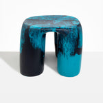Dinosaur Designs 4-Leg Rock Tower Table in Turquoise — handcrafted marbled teal blue resin side table with square top and four chunky rounded legs.