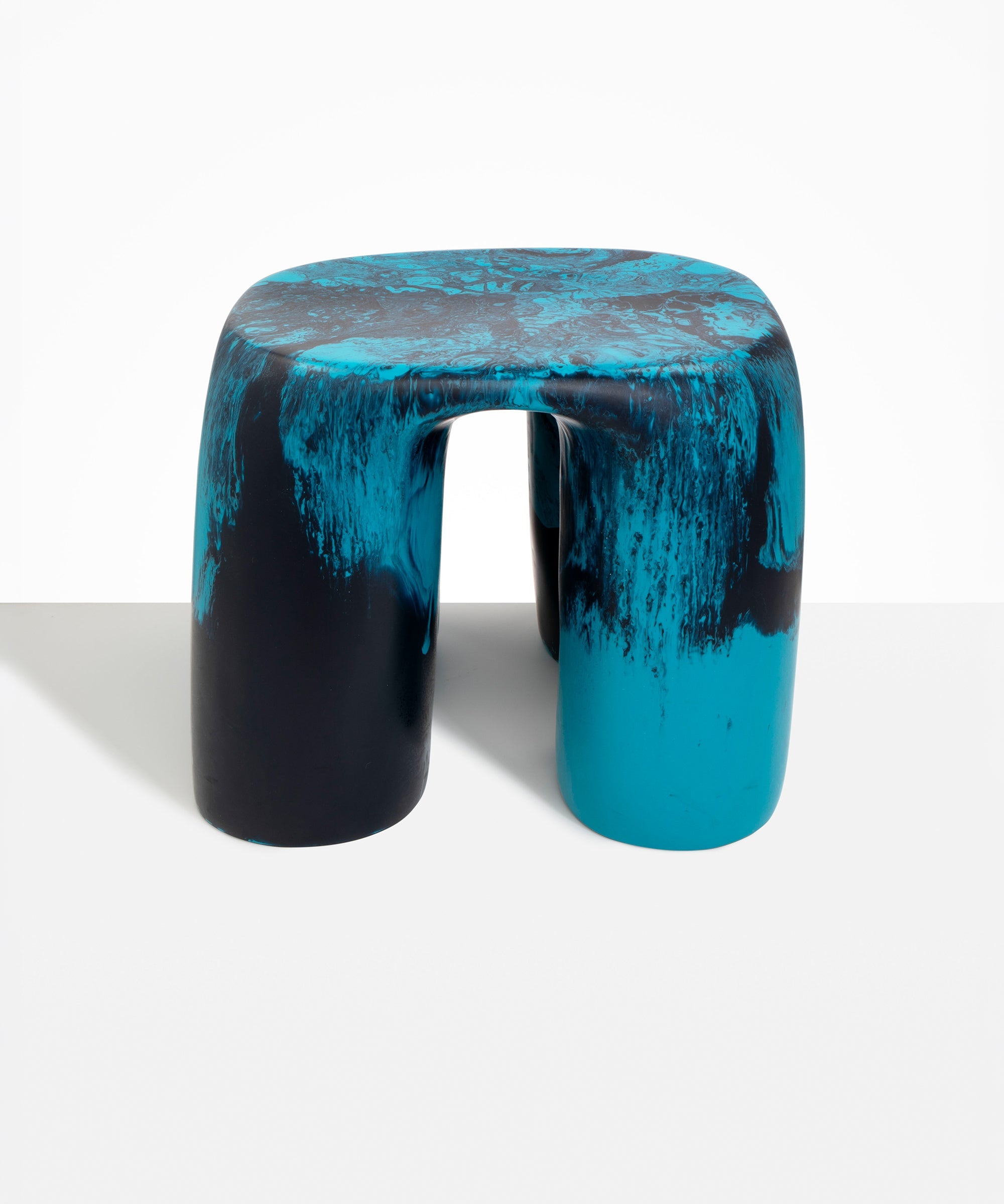 Dinosaur Designs 4-Leg Rock Tower Table in Turquoise — handcrafted marbled teal blue resin side table with square top and four chunky rounded legs.