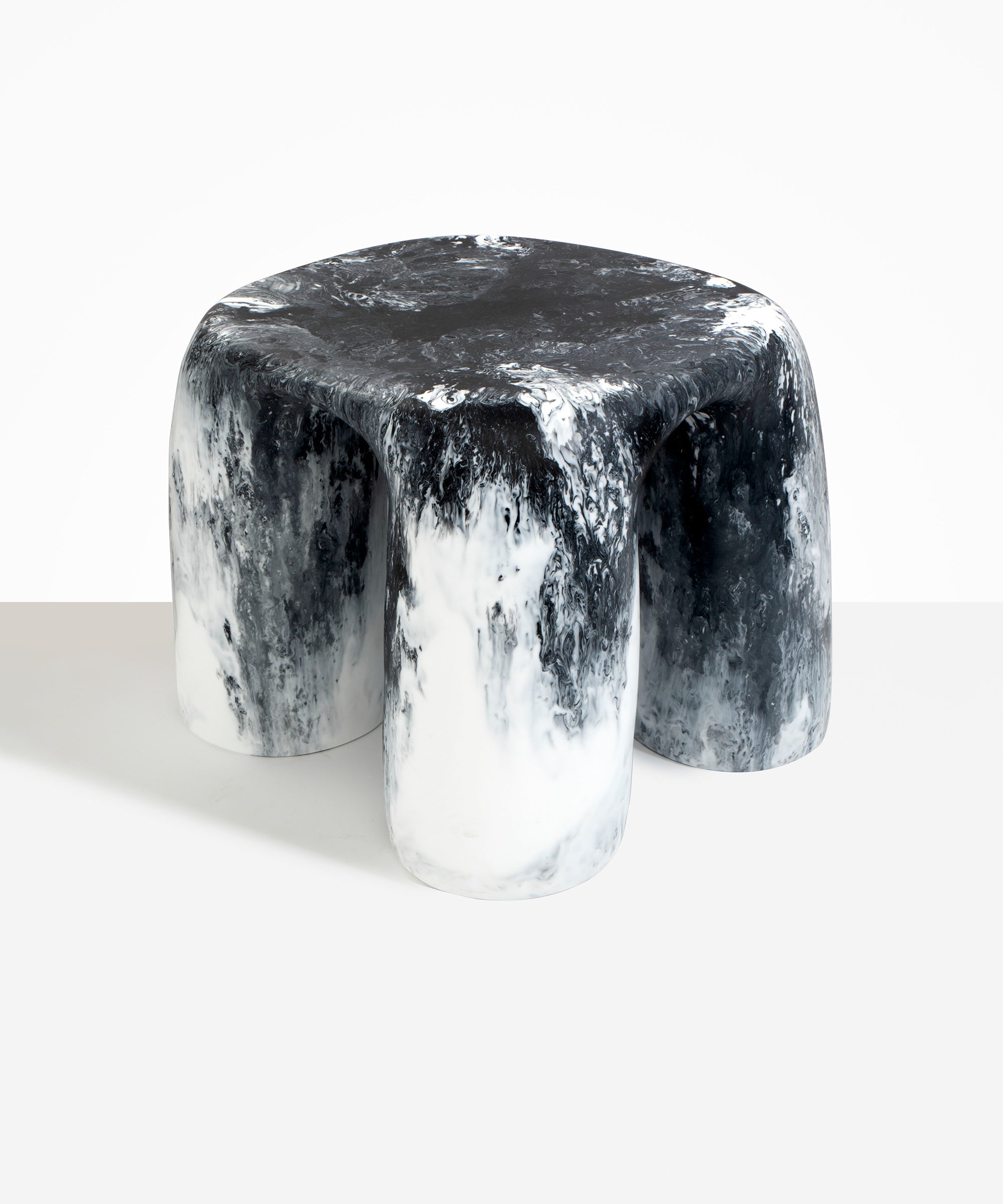 Dinosaur Designs 4-Leg Rock Tower Table in White Marble — handcrafted marbled white and black resin side table with square top and four chunky rounded legs