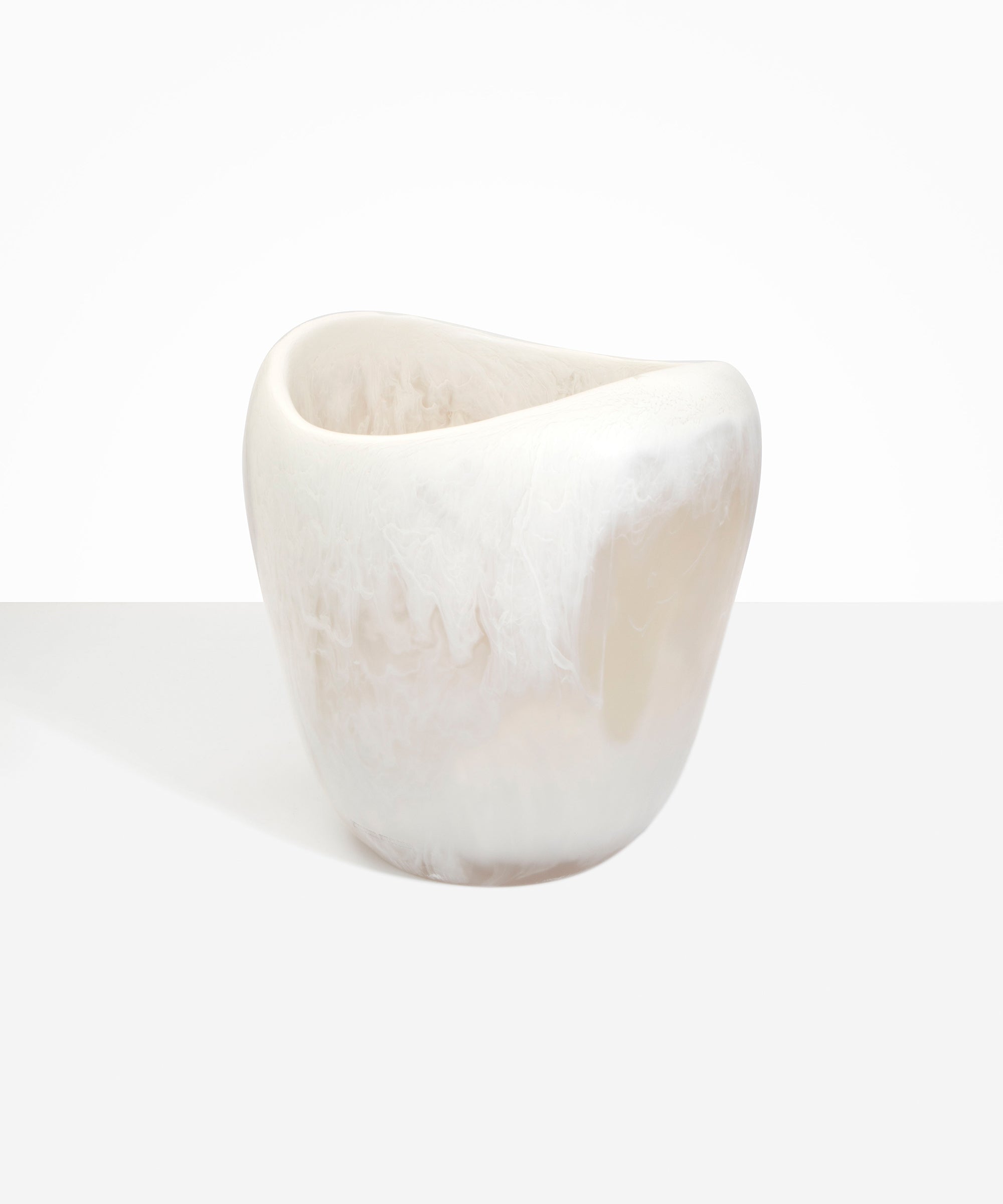 Dinosaur Designs Large Beetle Vase in Chalk Swirl — handcrafted marbled off-white resin vase with wide rounded body and sculpted open petal-shaped rim