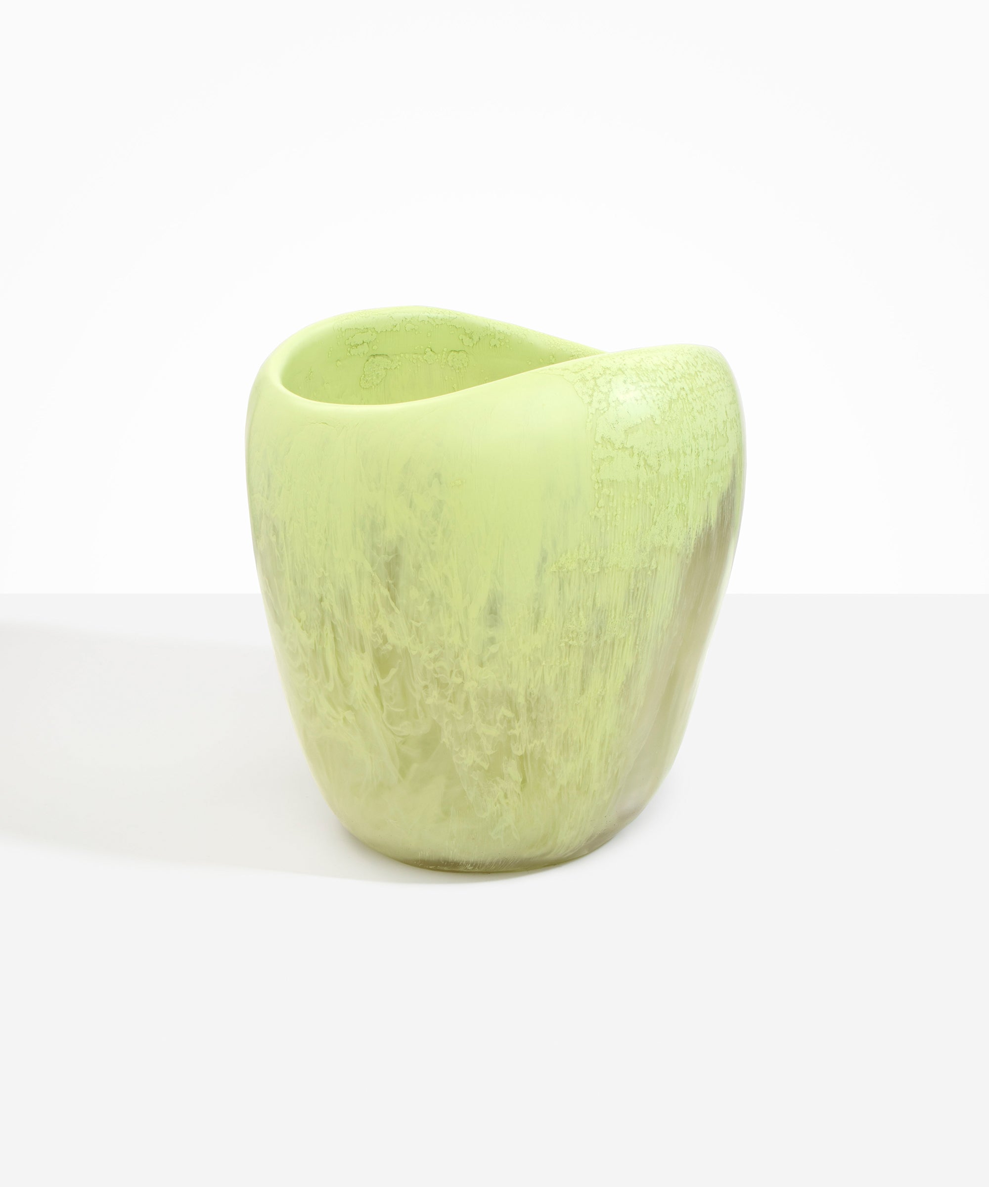 Dinosaur Designs Large Beetle Vase in Pistachio — handcrafted marbled pastel green resin vase with wide rounded body and sculpted open petal-shaped rim