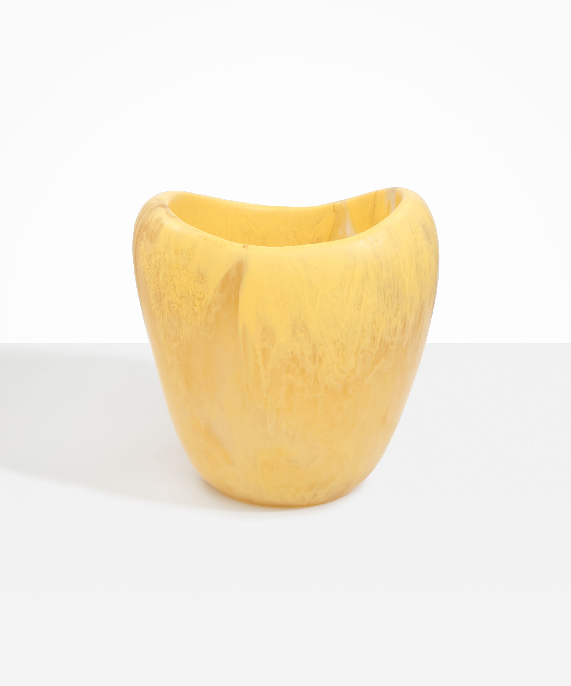 Dinosaur Designs Large Beetle Vase in Pollen — handcrafted marbled yellow resin vase with wide rounded body and sculpted open petal-shaped rim