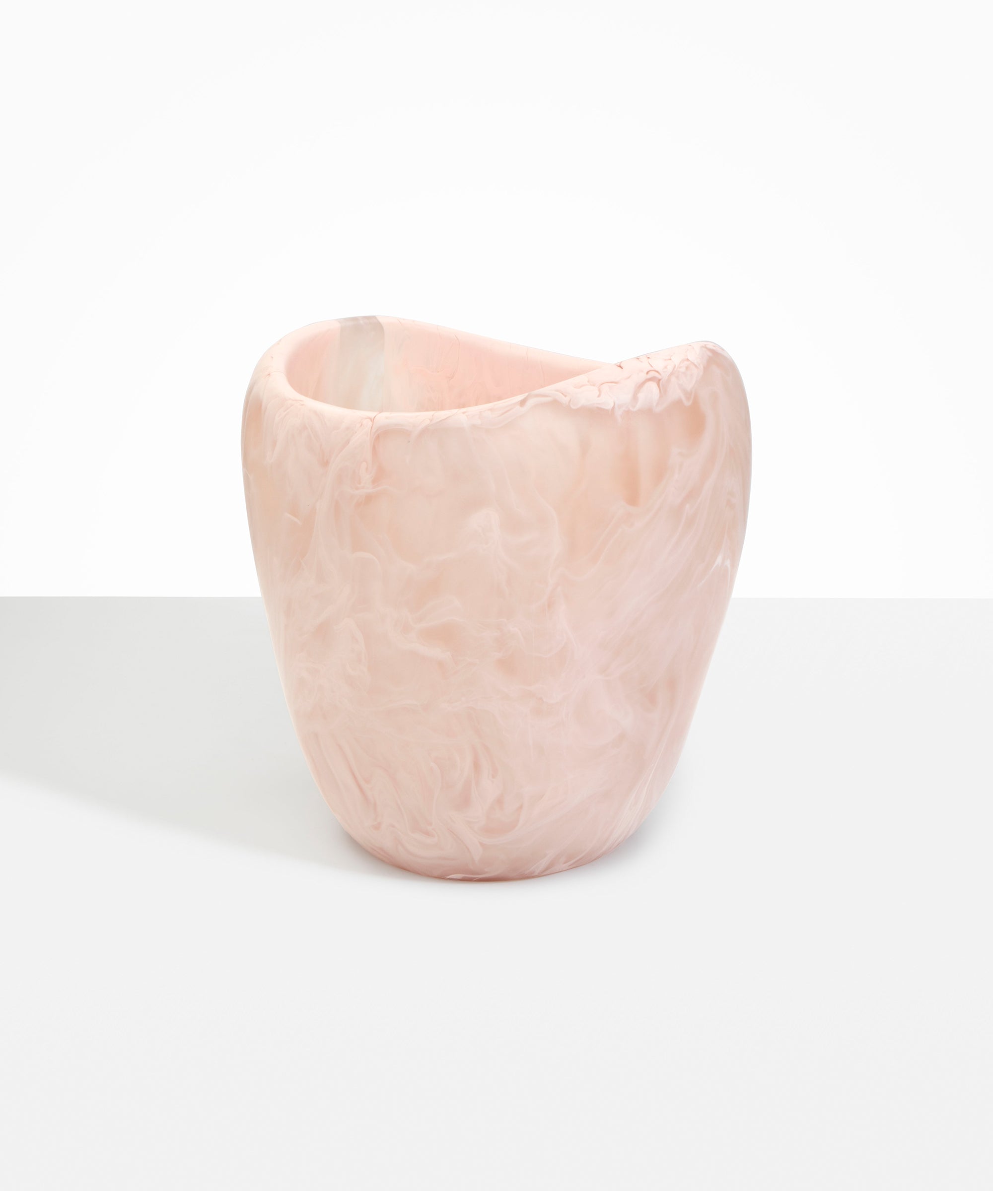 Dinosaur Designs Large Beetle Vase in Rose Swirl — handcrafted marbled dusty pink resin vase with wide rounded body and sculpted open petal-shaped rim