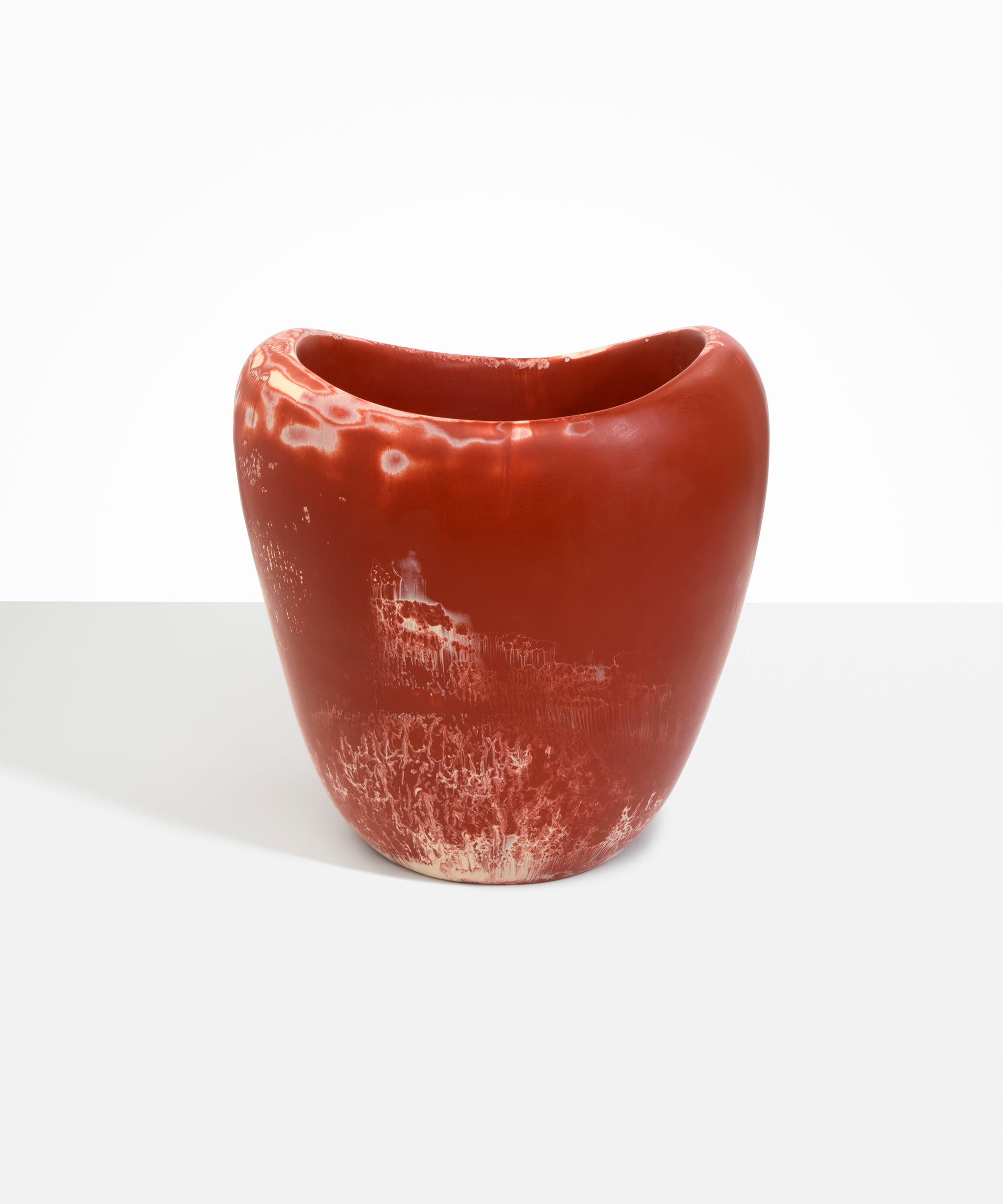 Dinosaur Designs Large Beetle Vase in Rust — handcrafted marbled terracotta red and cream resin vase with wide rounded body and sculpted open petal-shaped rim