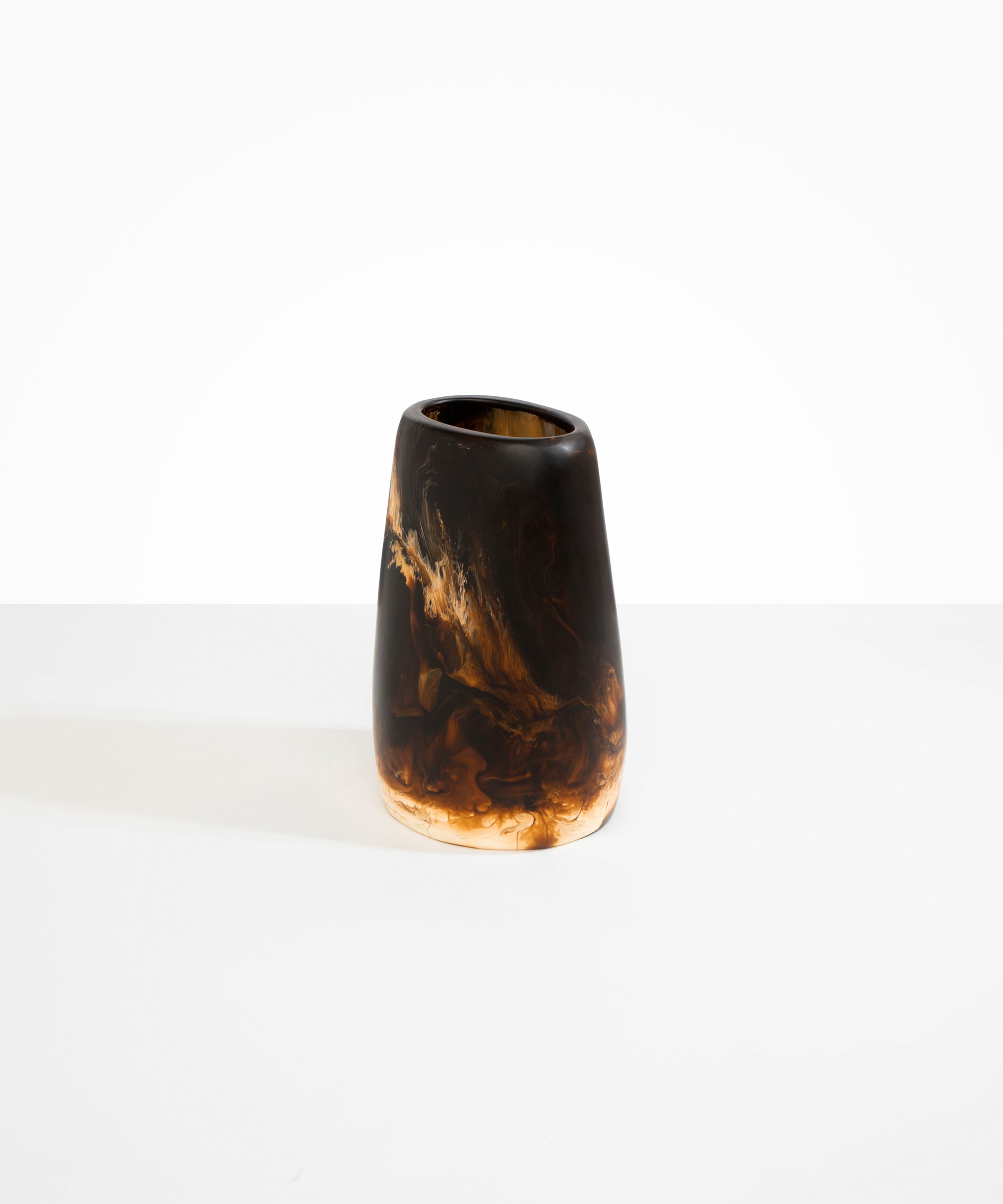 Dinosaur Designs Large Pebble Vase in Dark Horn — handcrafted marbled brown, black and pearlescent gold resin vase with smooth rounded pebble form and narrow opening
