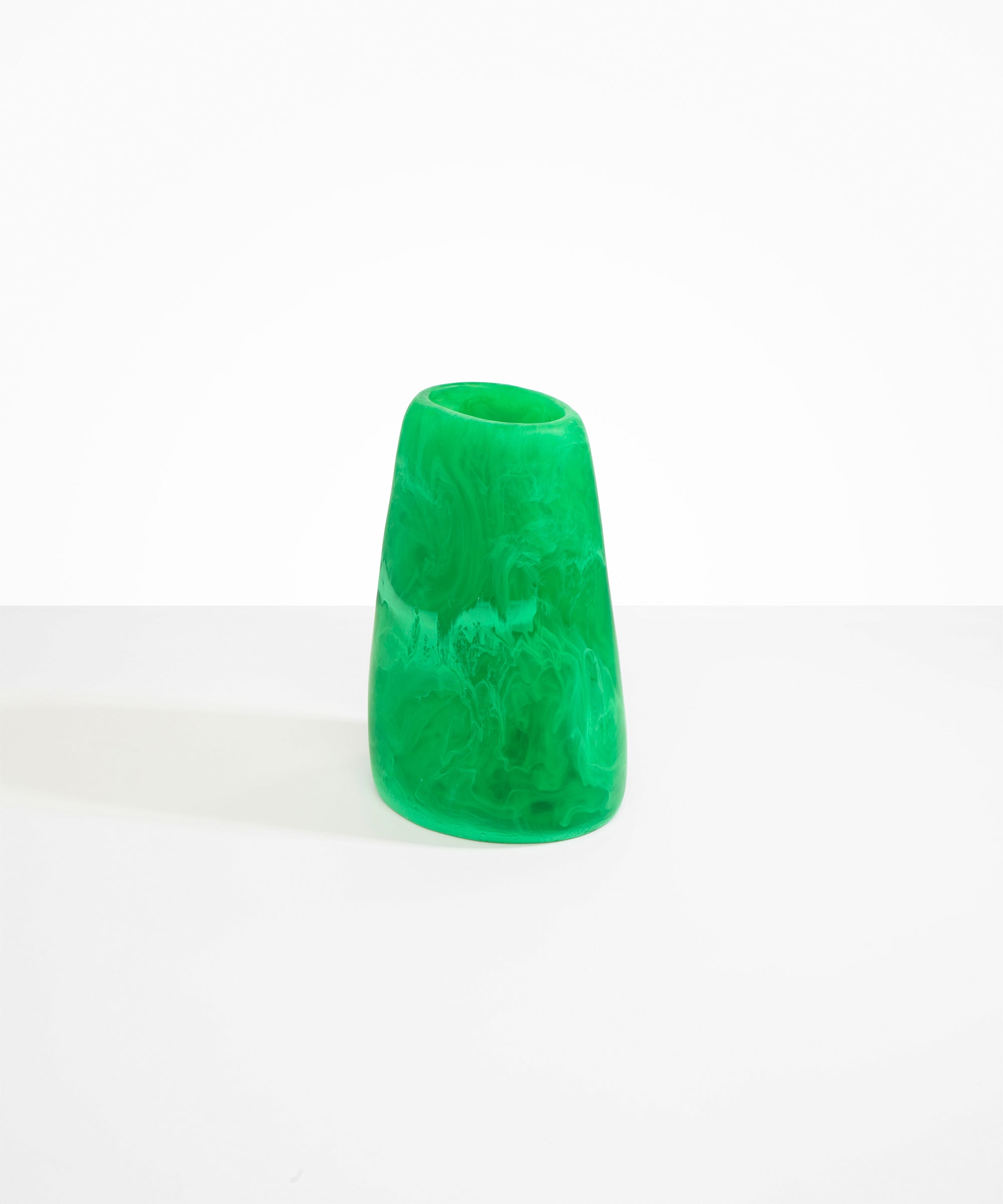 Dinosaur Designs Large Pebble Vase in Leaf — handcrafted marbled green and transparent resin vase with smooth rounded pebble form and narrow opening