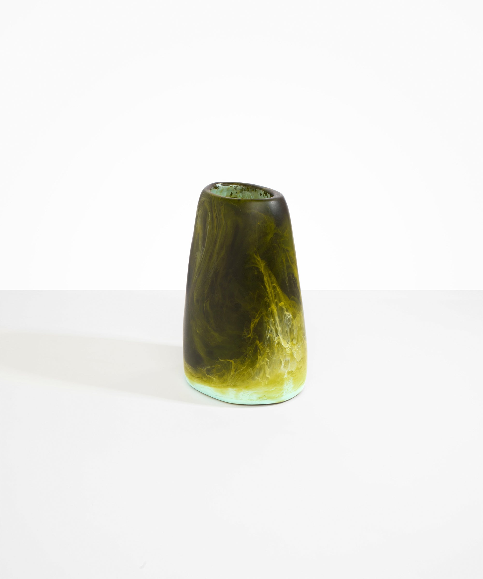Dinosaur Designs Large Pebble Vase in Malachite — handcrafted marbled green and blue resin vase with smooth rounded pebble form and narrow opening
