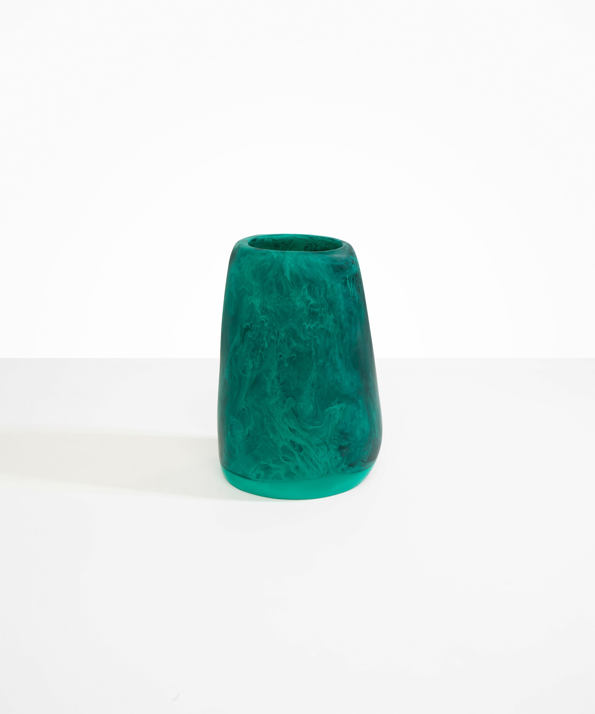 Dinosaur Designs Large Pebble Vase in Mineral Swirl — handcrafted marbled teal and transparent resin vase with smooth rounded pebble form and narrow opening