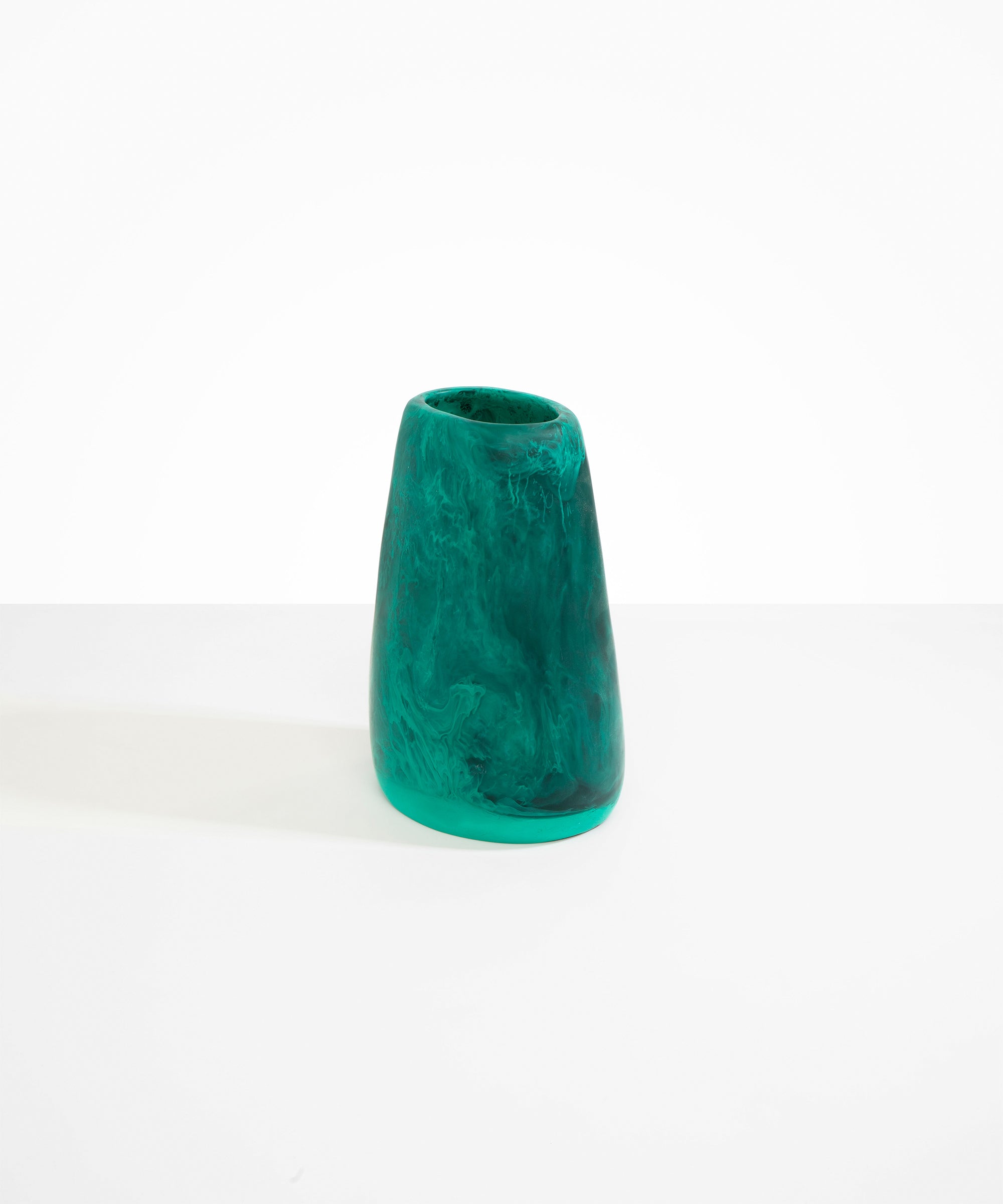 Dinosaur Designs Large Pebble Vase in Mineral Swirl — handcrafted marbled teal and transparent resin vase with smooth rounded pebble form and narrow opening