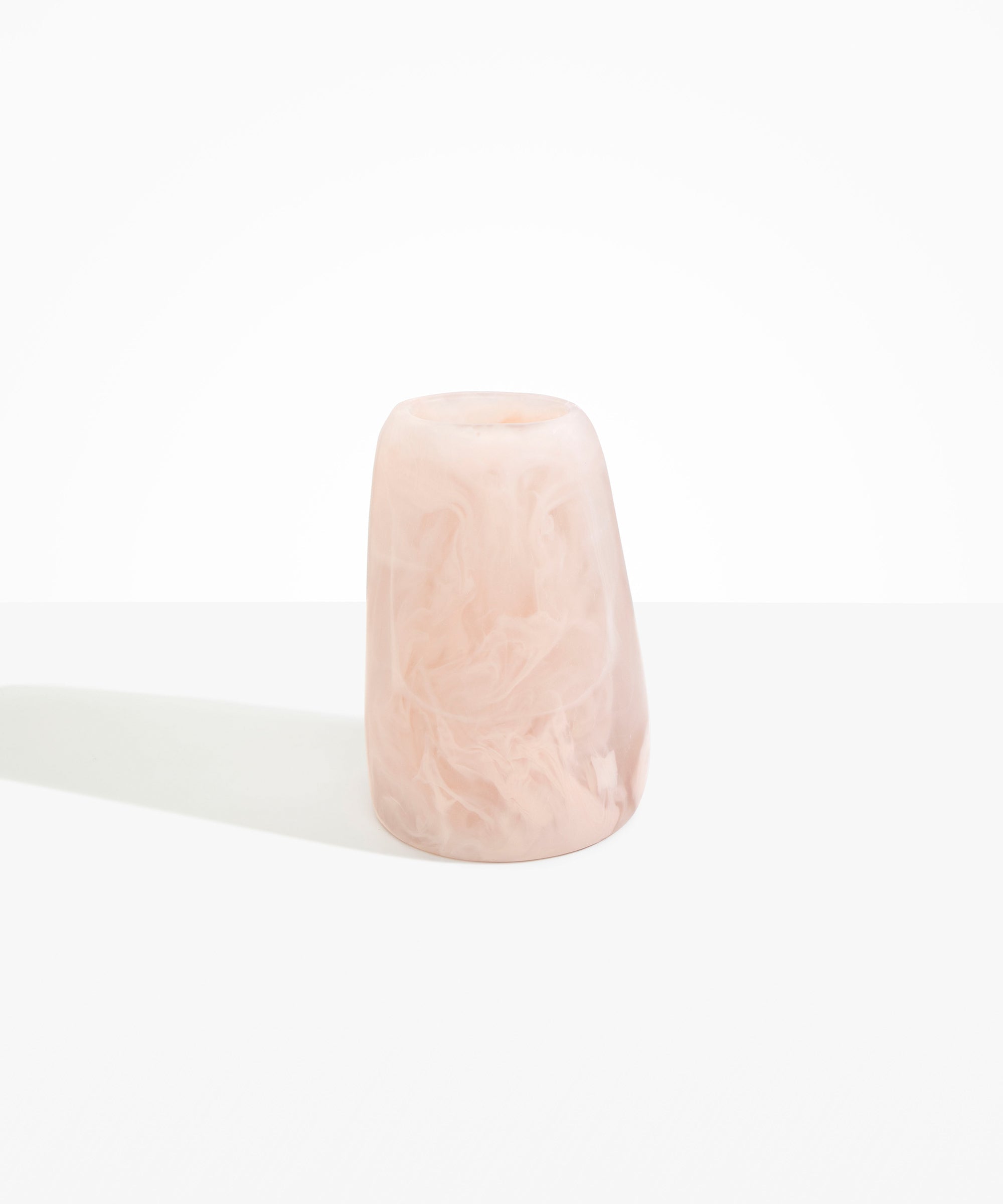 Dinosaur Designs Large Pebble Vase in Rose Swirl — handcrafted marbled pink and transparent resin vase with smooth rounded pebble form and narrow opening