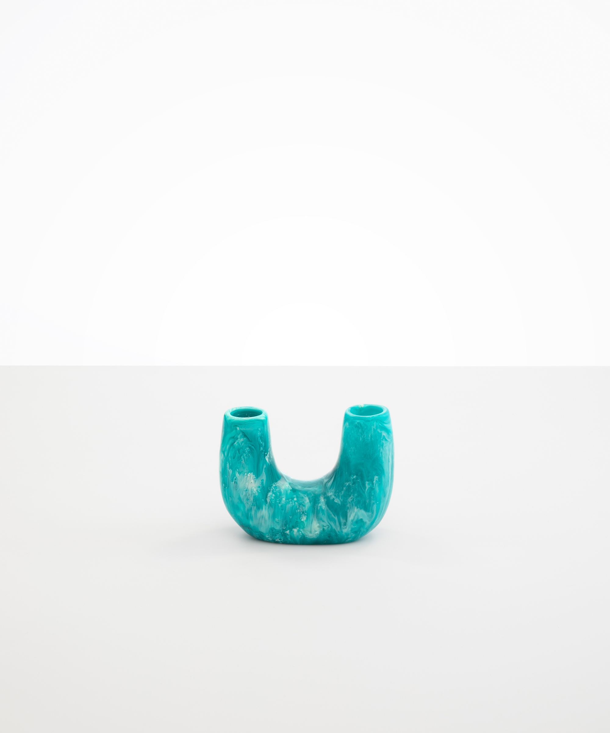 Dinosaur Designs Mini Branch Vase in Lagoon —  marbled blue and cream resin decorative vase with chunky U-shaped arch form and twin openings