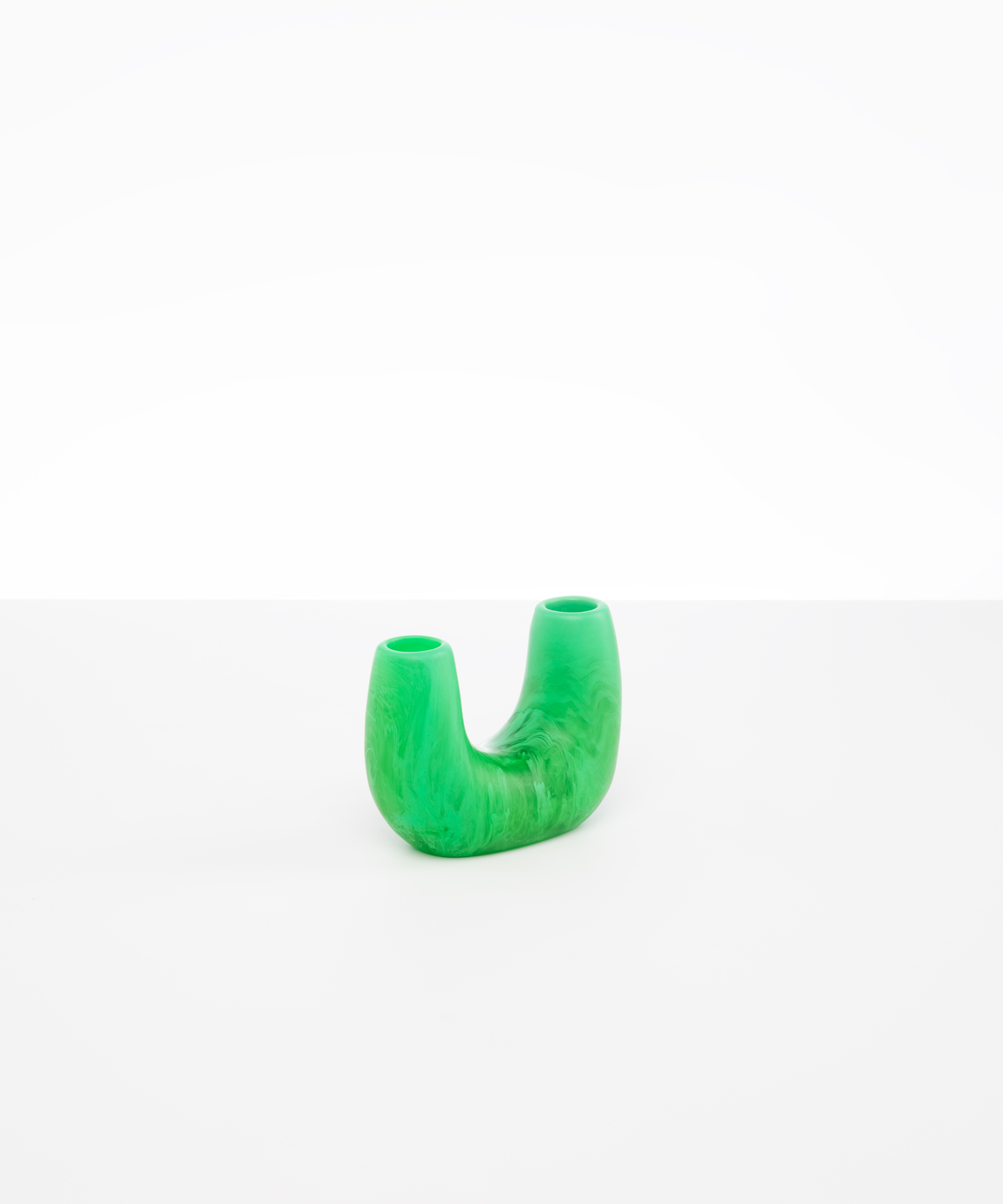 Dinosaur Designs Mini Branch Vase in Leaf —  marbled green resin decorative vase with chunky U-shaped arch form and twin openings