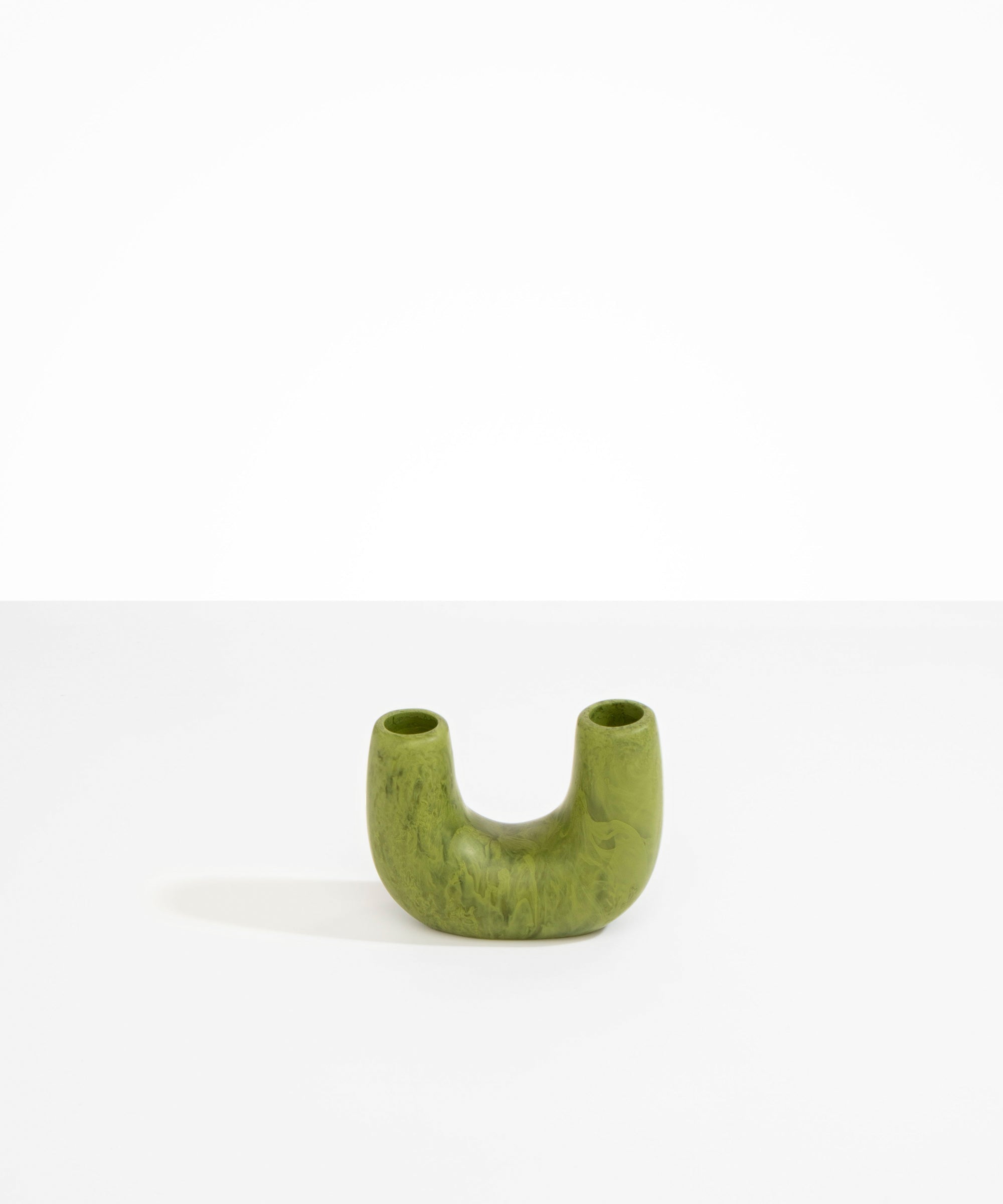 Dinosaur Designs Mini Branch Vase in Olive —  marbled green resin decorative vase with chunky U-shaped arch form and twin openings