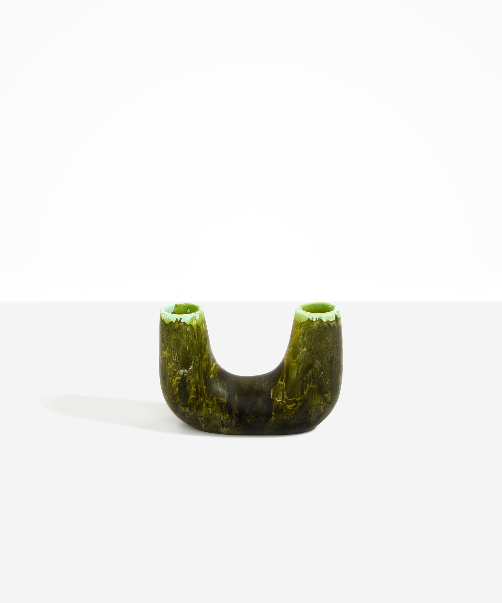 Dinosaur Designs Small Branch Vase in Malachite — handcrafted marbled green resin vase with U-shaped arch form and twin openings