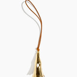 Dinosaur Designs Metal Flower Wind Chime in Brass — polished brass cast flower-shaped decorative wind chime with tan leather hanging loop