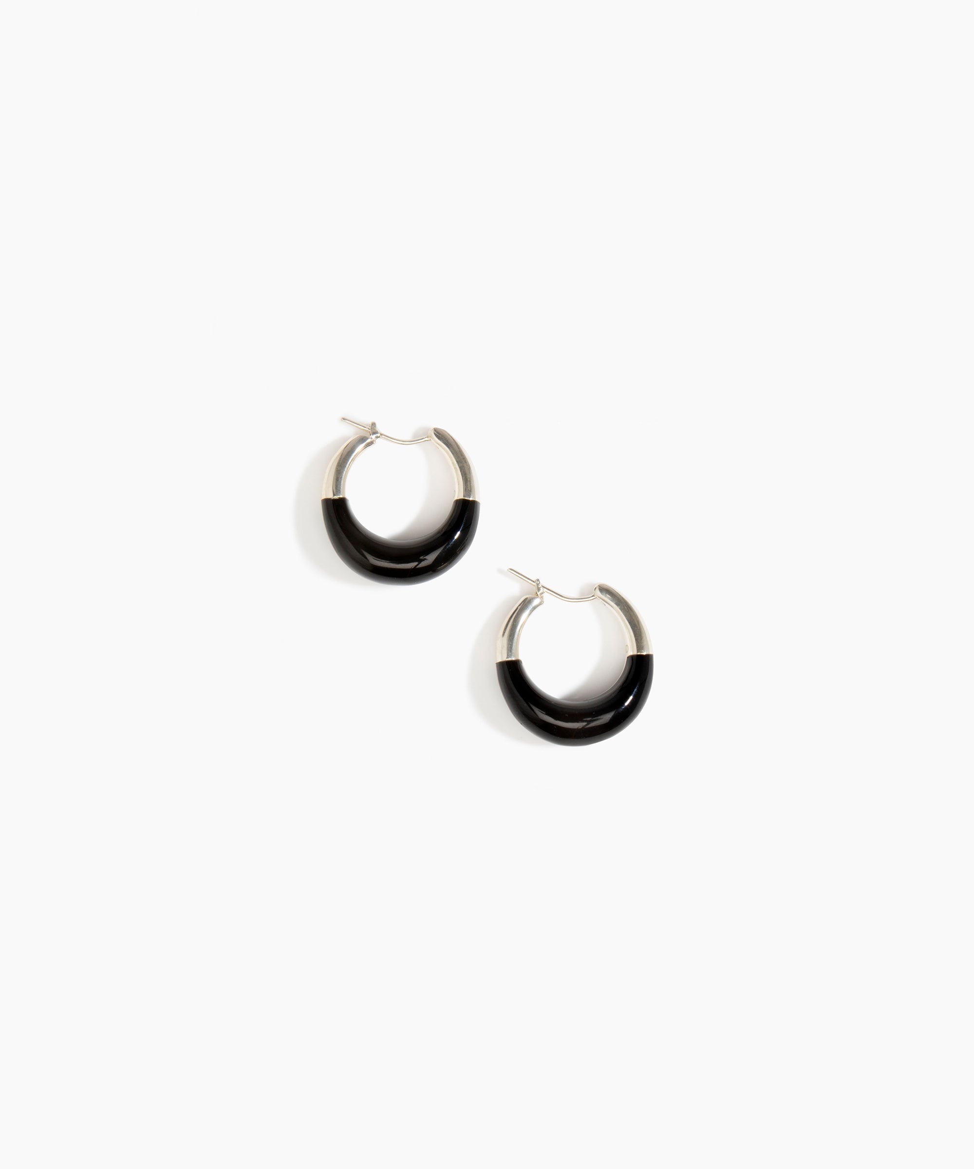 Dinosaur Designs Small Horn Hoop Earrings in Black Colour resin with Silver-Plated Brass Material.